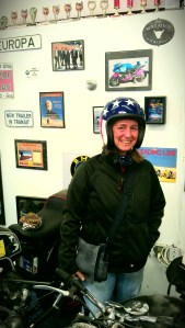 Roswitha with her American bike helmet